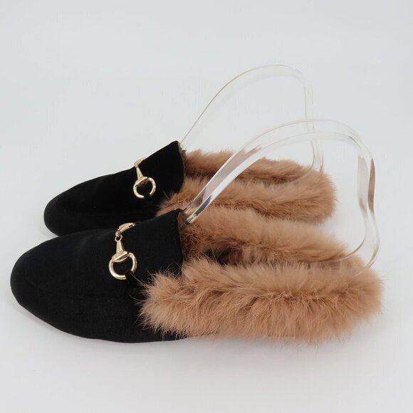 Womens 39 Black Velvet Gold Metal Horse Bit Brown Rabbit Fur Slide Shoes Slipper - Picture 5 of 11